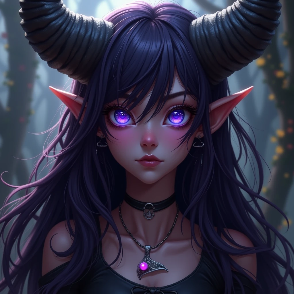 Beautiful tiefling girl, big horns on the head, dark purple eyes glowing dark blue, long dark purple hair, purples eyes, macabre golden, scary looking and a small silver necklace in the shape of a whale tail with a small pink pearl inside