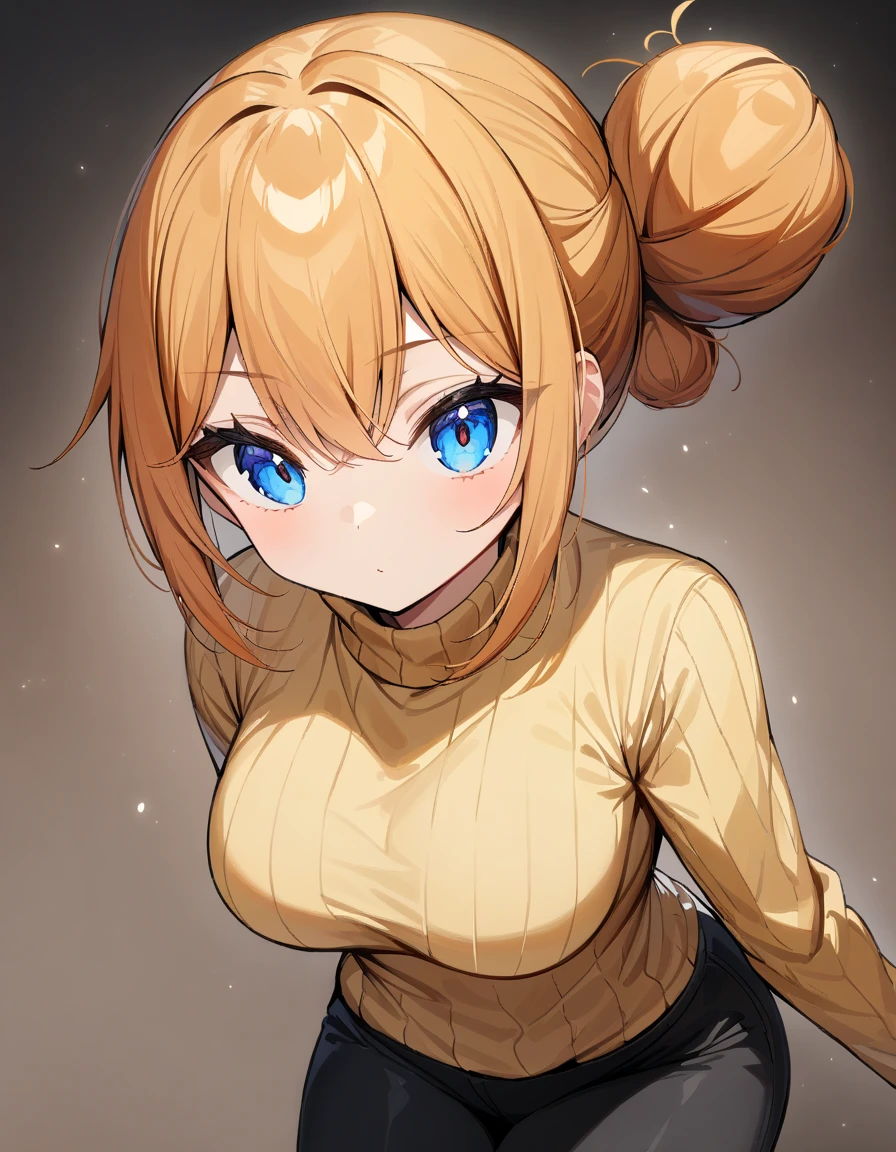  (masterpiece:1.2), ( best quality :1.2),  perfect eyes,  perfect face,  1 girl,gahamama, single hair bun, breasts, turtleneck, yellow sweater, long sleeves, black pants