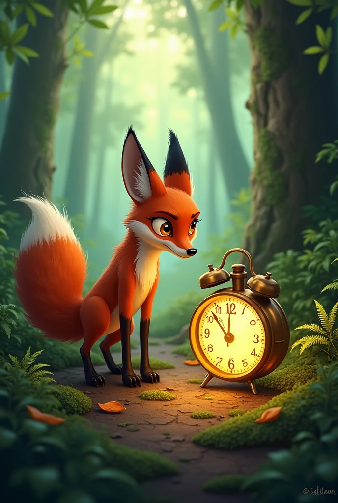 A red fox {finds a glowing clock on the forest floor}