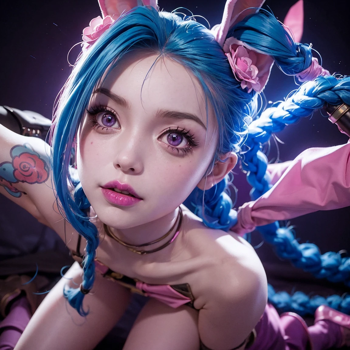 Representa a Jinx de 'Arcane' un primer plano de una mujer con  bunny costume posando para una foto, de frete, superplano, detail the face , by Nagasawa Rosetsu,  bunny costume, conejita, Ultra-realistic sweet bunny, conejita, full body playboy outfit 
