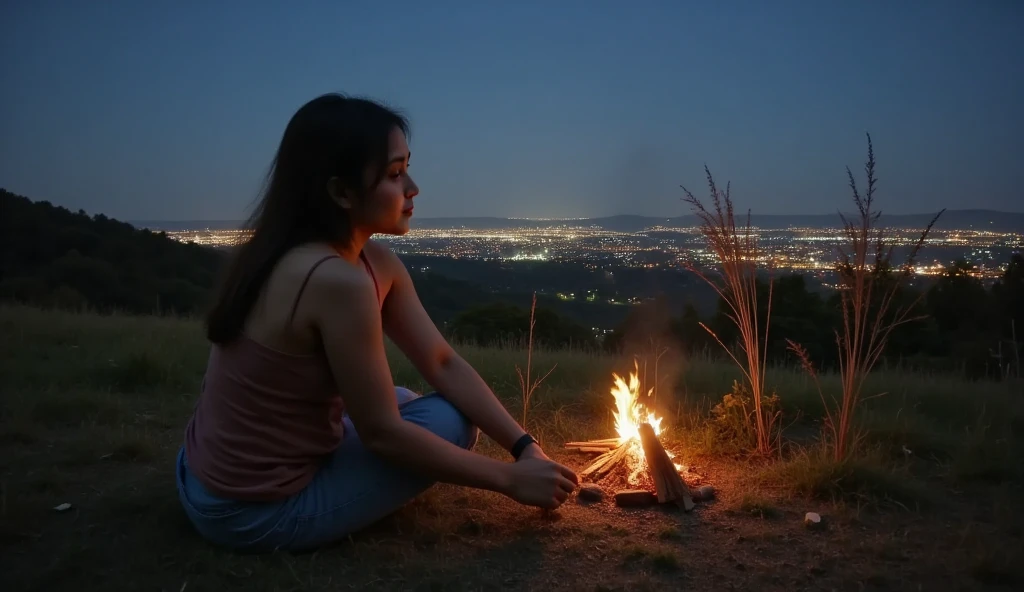 A serene night scene featuring a lonely woman sitting on top of a grassy hill. She gazes quietly at the shimmering city lights spread across the horizon in the distance. Her long hair flows gently in the cool breeze, blending with the soft sway of the tall grass and wild reeds surrounding her. A small campfire burns warmly to her side, casting a gentle amber glow on her face and the nearby grass. The sky above is dark and vast, dotted with faint stars, adding to the melancholic yet peaceful atmosphere. The composition captures the intimate solitude and quiet contemplation of the moment, with intricate details like the flicker of the firelight, the texture of her clothing, and the natural beauty of the nighttime landscape.
