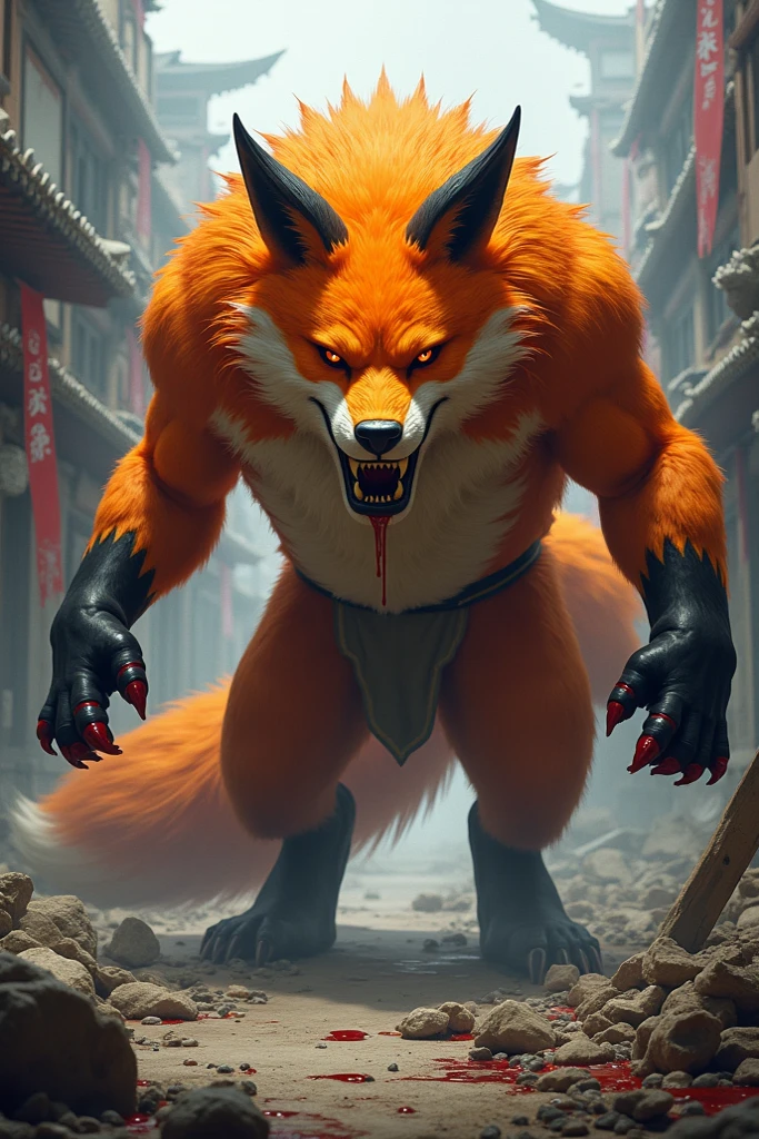 A very obese male red fox、Pose with arms raised overhead、Hurrah pose、Standing straight pose、Sharp toenails、Face facing up、The face of a barking red fox、Anime-style crimson eyes、very developed muscles、Hugely swollen lower abdomen as if pregnant、Hugely bulging crotch loincloth、Brown loincloth、Wide open mouth expression、A body that fills the screen、In a very dirty room、Rubble background、Composition looking up from below