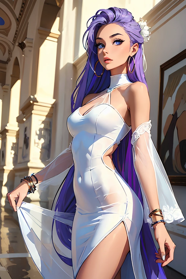 Goddess ((goddess-like woman)), slim elegant silhouette, masterpiece, (close angle), best quality, sweet face, (masterpiece:1,2, best quality), (real picture, intricate details), (1 lady , solo, medium , slim waistline, ), (blue eyes, light purple hair, multicolored hair, white streaks, long hair:1.2) she has an impressive presence,  very high ponytail, bracelet, hoop earrings, beautiful face, beautiful eyes, she Wears a Sheer Skin & White Dress, sh33rsk1ng0wn,bare shoulders,white and tan dress,strapless dress, Sheer skin dress, high heels, Background: Large hall, it is in an art gallery. White turn with modern art,