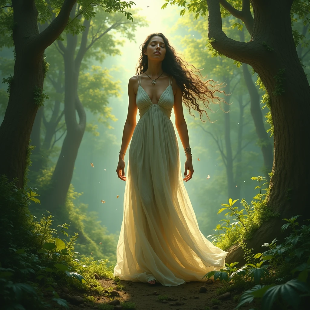 Naked beautiful girl standing in dark forest, Epic Style, Octane Rendering, Desert ingredients, Pretty Face, Surrealism, Oil on canvas, The award-winning, masterpiece, Popular on artstation, Studio Ghibli
