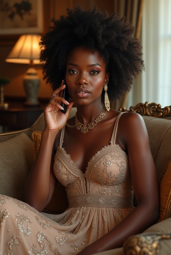 Generate an image of a dark black beautiful woman in a modest dress feeling comfortable in a luxurious living room