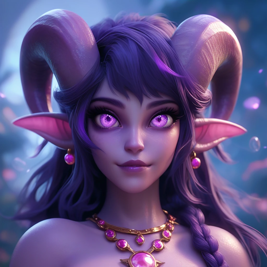 Beautiful tiefling girl, big horns on the head, dark purple eyes glowing dark blue, long dark purple hair, purples eyes, macabre golden, scary looking and a small silver necklace in the shape of a whale tail with a small pink pearl inside