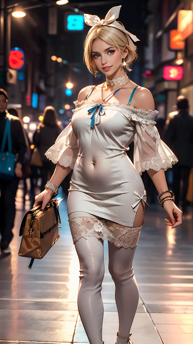 24 year old Caucasian female、blue eyes、Silver Hair、long hair、Vertical roll on one side((side drill))、Wear a sheer lace dress、Wear mules、Shopping in the downtown area、smile