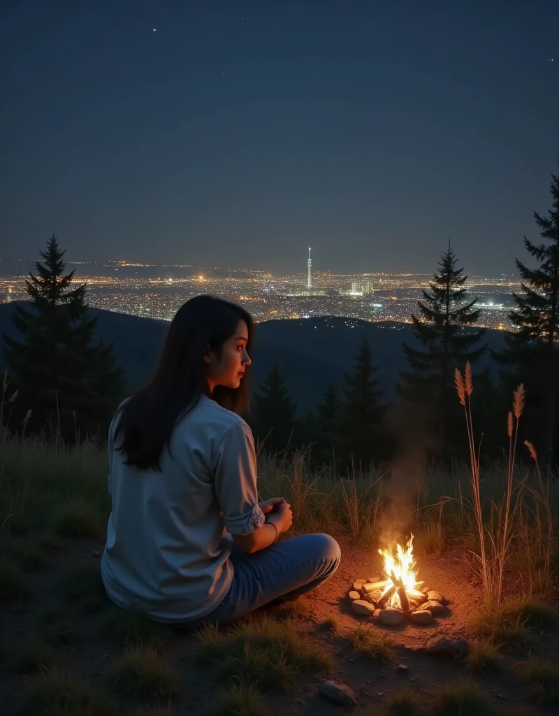 A serene night scene featuring a lonely woman sitting on top of a grassy hill. She gazes quietly at the shimmering city lights spread across the horizon in the distance. Her long hair flows gently in the cool breeze, blending with the soft sway of the tall grass and wild reeds surrounding her. A small campfire burns warmly to her side, casting a gentle amber glow on her face and the nearby grass. The sky above is dark and vast, dotted with faint stars, adding to the melancholic yet peaceful atmosphere. The composition captures the intimate solitude and quiet contemplation of the moment, with intricate details like the flicker of the firelight, the texture of her clothing, and the natural beauty of the nighttime landscape.
