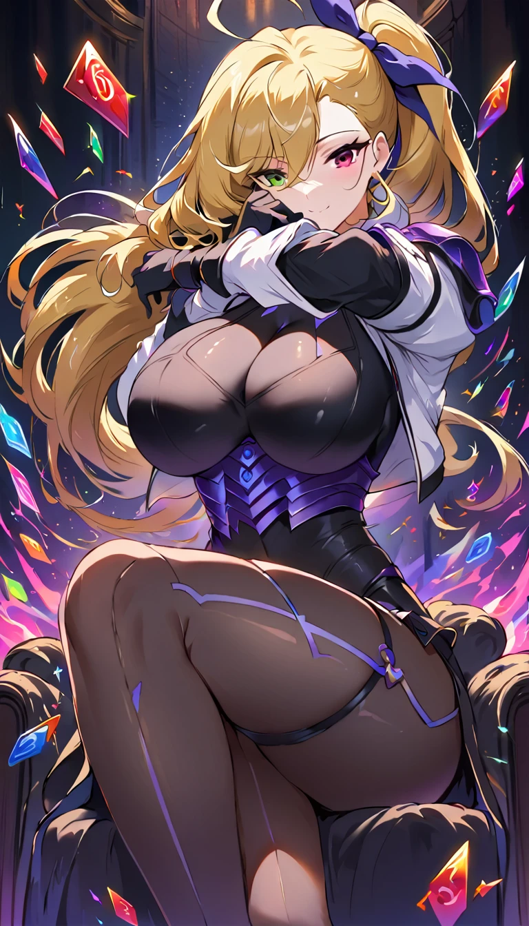  score_9,  score_8_up,  score_7_up,  score_6_up,  score_5_up,  score_4_up, sauce_Anime, bbvivio, aged up, Long Hair,  blond hair, Ahoge,  Side Ponytail ,  hair bow,  heterochromia ,  Big Breasts ,  black bodysuit ,  cropped jacket ,  white jacket,  Puff Sleeves ,  Long Sleeve ,  black gloves , armor,  high detail,  High Quality ,smile, Wavy, 1 girl, Alone, Long Hair,  eye,  watching the audience, Particles of light, shut up, indoor, , bangs, ,  tilting your head ,Black Rose, 美丽细致的eye,   1 girl, Alone,  super detailed, Long Hit, Beautiful background,, .(  Perfect Hand , Perfect Legs，perfect feet， perfect anatomy),  ，M type，  transparent  ，Long legs，Low Cut，Release the shoulder， Touching the genitals，Correct body posture，Right leg shape  ，   Correct Body Ratio ，Correct thighs，Suitable shoes，Luxurious chair，，，