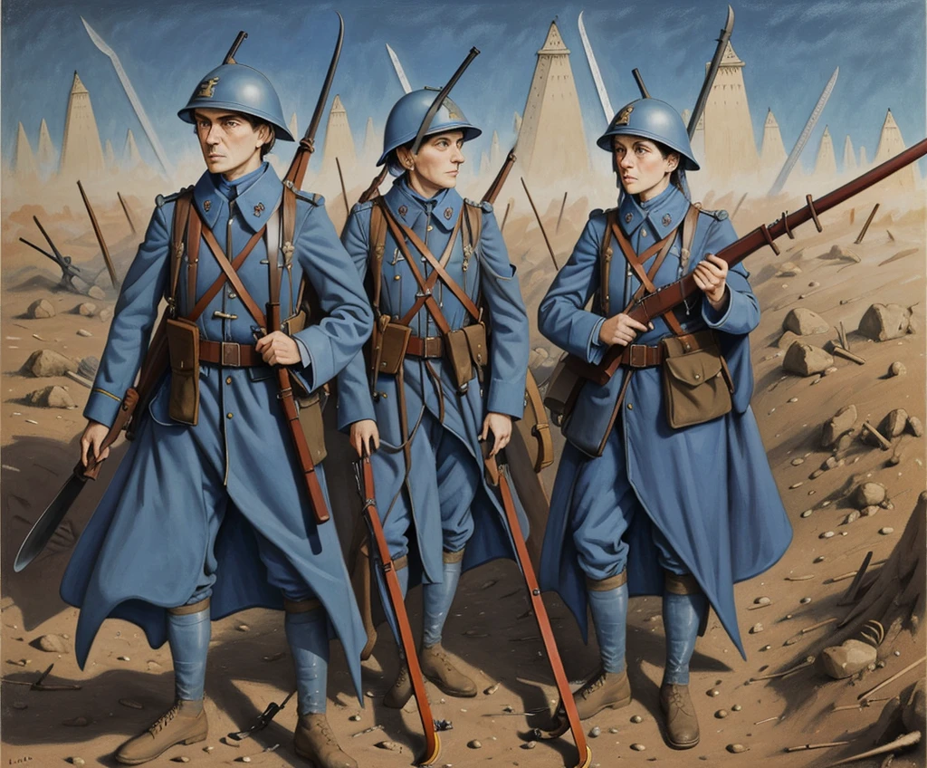 Illustration of a female French soldier from World War I holding a weapon, Bolt Action Rifle , (Launch ), (bayonet:1.5), leather boots, One hand, Blue Cloak, Blue Cloak , Aim ,  Violent Fire at the Battle of Paschendale ,  Dark Sky ,  Mud , grenade,  No Man's Land ,  Dust Storm ,  saturated , performance,  Whistling Shell , empty, Despair,  Broken Mirror ,  Dry Brush , Isolation,  three primary colors ,  in the style of  ( Leonora Carrington ,  Ivan Albright ,   oil painting on canvas :1.1), high detailed , complicated, surrealism, 