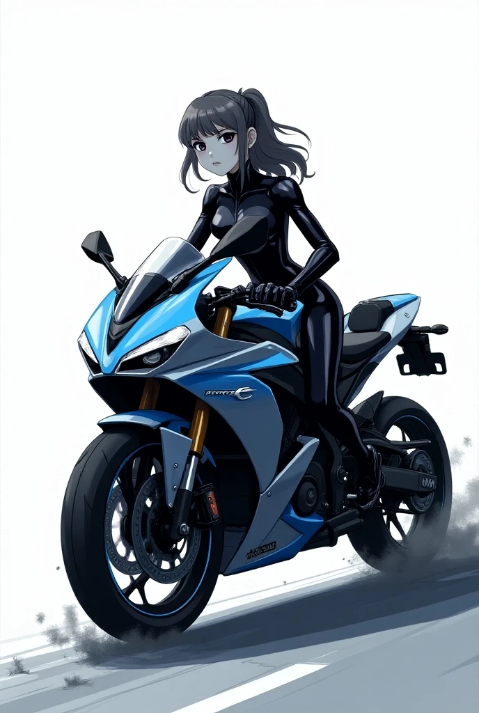 1boy, black eyeliner, male medium length hair, black hair, handsome, brown eyes, brown lipstick, femboy, blush, thin waist, half open eyes, beautiful face, black racing clothes, motorcycle behind, racing road