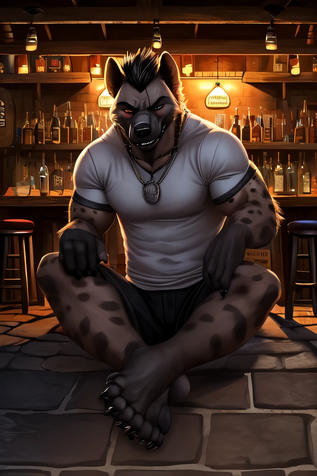 (single) solo1, evil, hyena, bodybuilder, scruffy fringe, wearing a pale grey shirt,black biker jens ((black jens)) ((badguy)) ,closed, eyes, closed mounth, average build, warm lighting, 8k semi realistic,  foot (5 toes ) ((small claws on toes)) ((five toes)) ((black soles)) (hyena tail)  ((background club, pub, taverne,)) Hyena is defeated, knockout,  barefiight, bloody nose, collapse, ((paws up)) ((collapse)) ((defeated on the floor)) (((lies lifeless on the ground,))) ((hyema tail)) ((defeated on a street)) ((paws to the ftont)) (((feet to the viewer)))