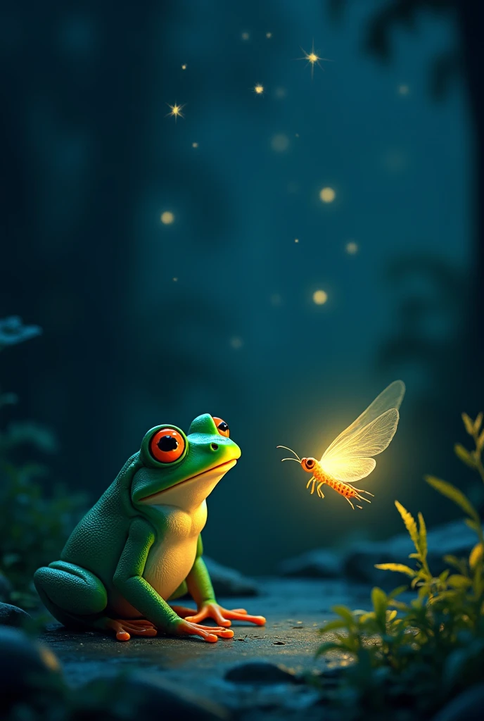 A green frog, {seeing a firefly glowing at night}