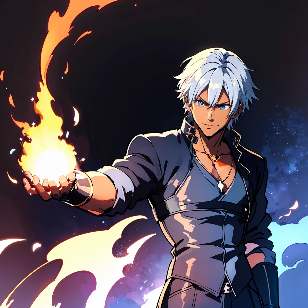 A Dark skinned young anime man, side swept silver hair, fiery light blue eyes, producing blue fire out of his fist, wearing a blue combat trench coat over a black tank top with black slacks and a chain on the hip, steel necklace with a blue dragon pendant around his neck, with sleeves rolled up to his elbows and a cocky smile