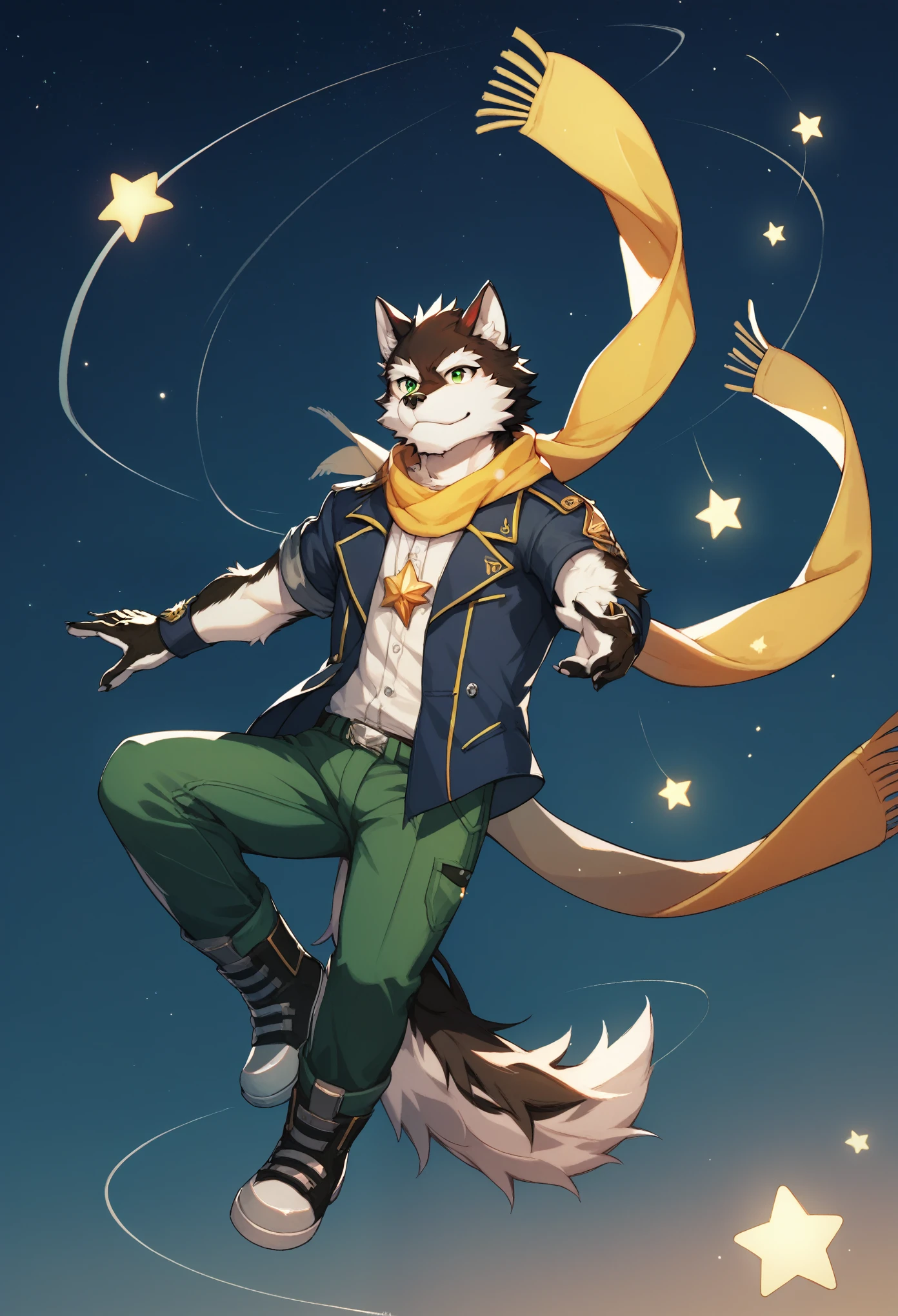 solo,scarf,night sky,falling down,star sky,black fur,white fur,GREEN EYES,WOLF,FURRY,ANTHRO,Hash,AIR,Rouon Aro