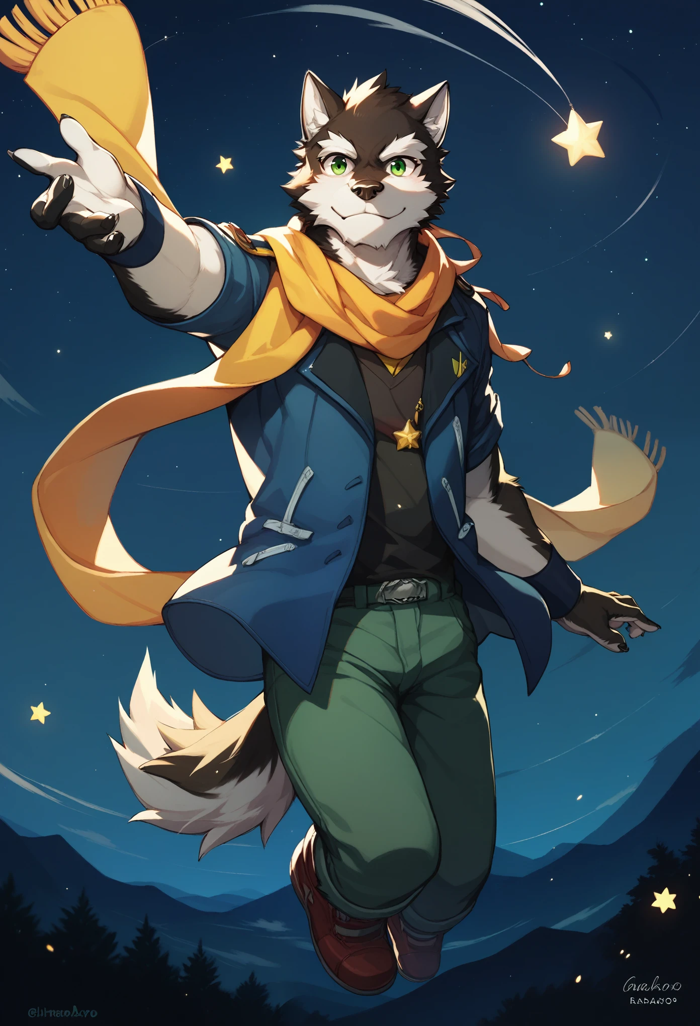 solo,scarf,night sky,falling down,star sky,black fur,white fur,GREEN EYES,WOLF,FURRY,ANTHRO,Hash,AIR,Rouon Aro