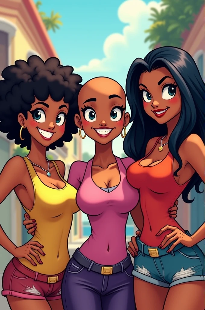 masterpiece, ((better quality)), ebony, slut, group_female, dark skin, afro_style, vulgar clothes, casual clothes, acid colors ((pink, yellow, green, red))