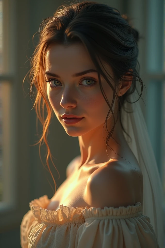 Best quality, masterpiece, ultra high res, (photorealistic:1.4), raw photo, 1girl, off shoulder, cinematic lighting, cinematic realistic portrait, soft portrait shot 8 k, realistic face moody lighting, 8 k sensual lighting, elegant photorealistic cinematic, r3d character realistic, photorealism 8k
