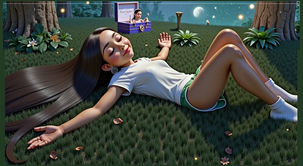 Inspired by the poster of a high quality and high resolution 3D Disney movie, set the image of a girl, ****, , *******, AGE: 12Y, BEAUTIFUL, SENSUAL AND ATTRACTIVE, lying on a grass using her arms as a pillow she has long straight black hair that spreads across the grass she is wearing a white t-shirt, she is wearing very short green safari style shorts she is wearing white socks she is with her eyes closed and sleeping deeply connected with nature, all the elements in the background, including the jaguar and the music box appear SMALLER AND BLURRED, ONLY AS ELEMENTS THAT COMPLEMENT THE SCENE, THE IMPORTANCE OF THE BOX IS THE LIGHT IT EMITS FROM ITS INTERIOR LIGHTING UP THE ENVIRONMENT AND THE NOTES MUSICALS THAT APPEAR ALMOST ETERNAL IN THE SCENE, BUT PRESENT IN THE ENTIRE ENVIRONMENT. In the background we see a jaguar lying down with its eyes closed and sleeping, an image blurred so as not to take attention away from the main character. Behind the jaguar, we have a blue music box with a white background, and I feel a white light that expands in the background of the environment, softly emitting golden musical notes that spread throughout the forest. The environment is a beautiful night of stars and a full moon. Around the girl, there are trees and plants typical of the Amazon. She is beautiful, sensual and attractive.