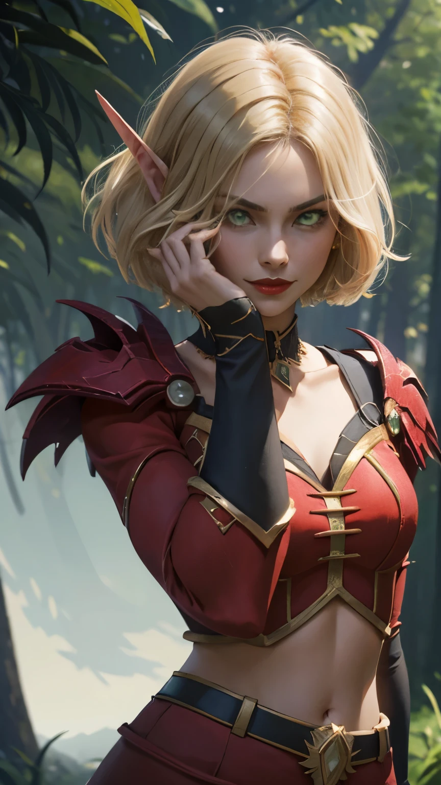 (8K, highest quality, masterpiece:1.2), High resolution, masterpiece, break, beautiful woman, beautifully mouth, highly eyes and face, beautiful fine eyes, upper body, slim body, 20 years old girl, (1girl, short hair, pointy ears, angry, smirk, lustful eyes, red lips) (digital) (Looking at viewer), (Forest background)), best quality, blonde hair, red shoulderpads, black sleeves:1.2, red shirt:1.2, cloth shirt, green eyes, gold trim on shoulderpads, crop top, navel, bloodelf