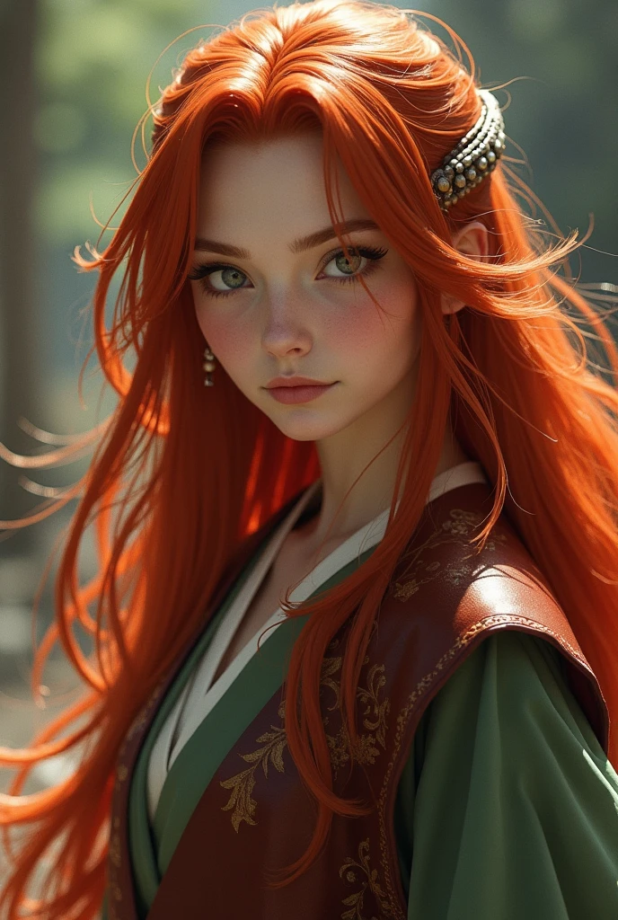 from afar, women, full body, Studio Ghibli style, more detailed face, many small details, long red hair, on the background moving castle, masterpiece, ultra high res, high quality, 4k, (photorealistic:1.2), photo,