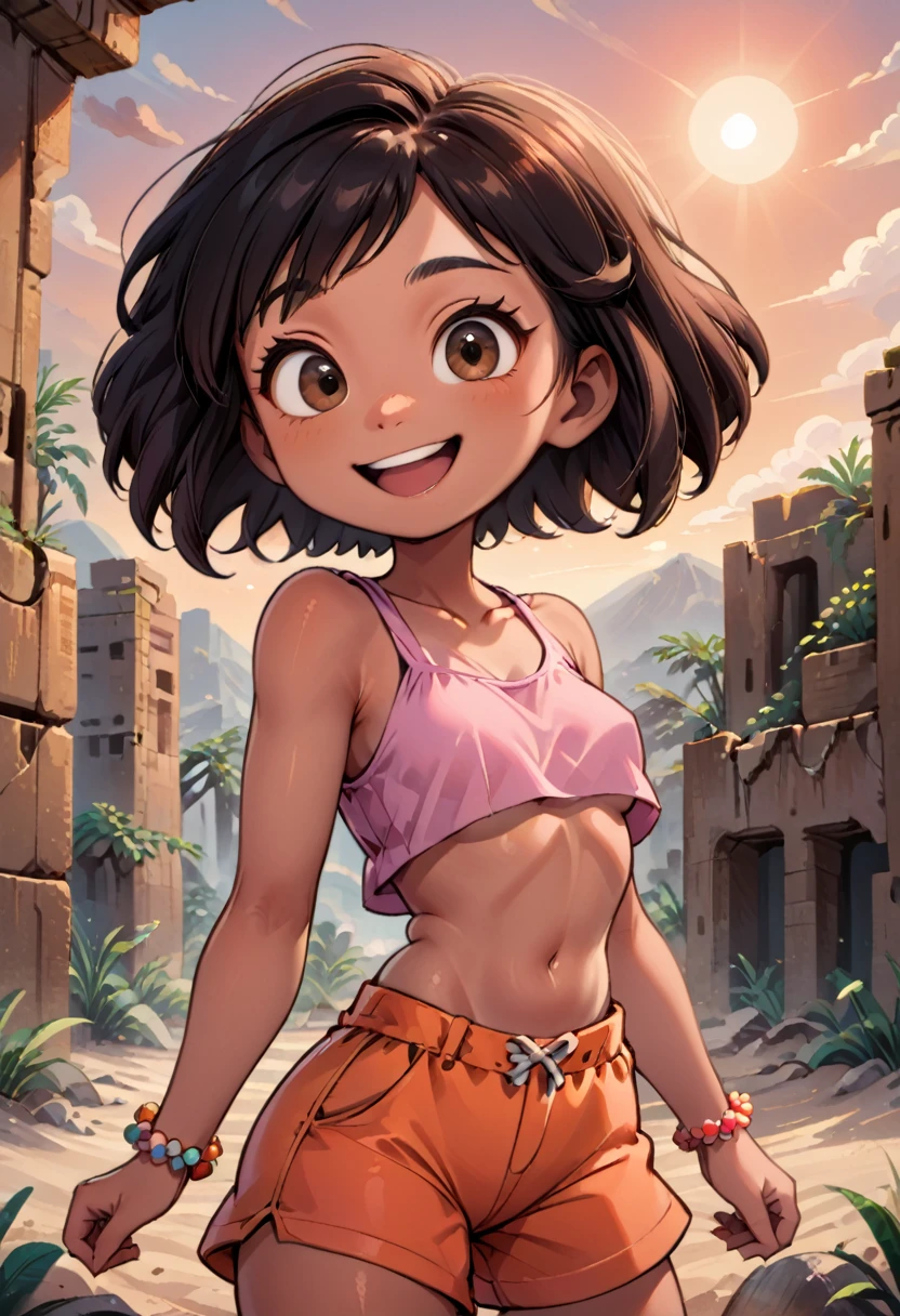 ***** girl, young, (solo 0.6), black hair, bob cut hair, puffy hair, dark tan skin, Latina girl, brown eyes, desert ruins, sunset, pink tank top, orange shorts, bead bracelet, open mouth smile, tiny breasts, underboob, slender body, thin waist, cute, (pixar style 0.5)