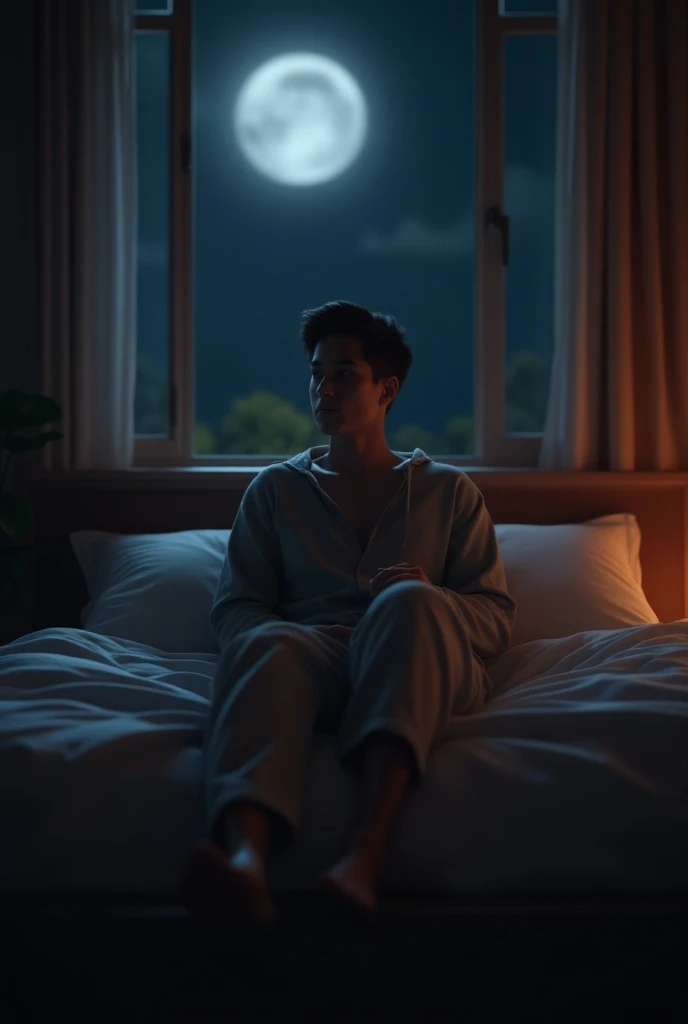 portrait of a Asian man ideal body,with thin hair . just wearing sarong batik . was sleeping on House Terrace using a pillow while holding big dick. the background of the night bulan purnama bersinar terang indah