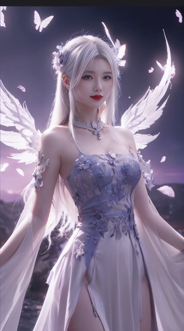 White hair , (((White luminous dress , White giant dress , Dress glitter , dress ))) ,Beautiful dance dynamics , Long legs , small thighs((Huge long white hair，Glowing coat , Long flowing hair))offcial art , Unity8k wallpaper , Ultra detailed , Beautiful and beautiful , Masterpiece , Best quality ,Realistic((Huge long white hair，Glowing coat , ))Masterpiece , Best quality , Ultra-detailed , very detailed illustration ,Extremely detailed , Intricate details , .White luminous dress , White giant dress , Dress sequins , Dress made of aurora , ultra intricately detailed , Very detailed 8KCG wallpaper , Cowboy shot , Caustics .Reflection , Ray tracing , Demon Theme ,Starcloud ,Dark aura, cyber effect , (1girll:1.4)Solo , Little blue butterfly , Surrounded by dozens of monarch butterflies , Huge long white hair shiny quilt hair , (Blue plasma flame , (insect , Butterflies))Long blue crystal dress , There are butterflies on the huge skirt , .Holy Light Butterfly Angel , Butterfly wings , in the style of rococo pastel hues ,Light white and light dark red , unbelievable beautiful , Cherry blossoms , sparkling water reflections , Soyuz , Flowing , Surreal ,Painting , Ethereal , Elsa Bleda , stockphoto, Mixed reality and fantasy elements ,vray tracing , Intricate patterns , delicated lines , made of crystals , Refine your hands ,Refine your hands , Refine your hands, Starry , Colorful , stars , (sharp focus on face) , (foreshortening:1.1 Omitted_above:0.3 , fish eye:1.1)