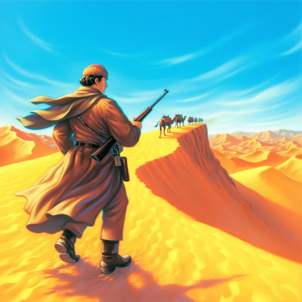 An illustration in the style of Mary GrandPré capturing a tense moment from White Sun of the Desert. The central figure, Sukhov, stands in a vast, sun-scorched desert, wearing a weathered uniform and holding his rifle with a steady, determined stance. His figure is framed by rolling dunes that stretch endlessly into the horizon, their golden hues contrasting with the deep blue of the cloudless sky. In the background, a small caravan of camels moves along the ridge, their silhouettes softened by the heatwaves rising from the sand. The flowing lines and painterly texture give the scene a sense of both harshness and beauty, capturing the isolation and quiet heroism of Sukhov’s journey.