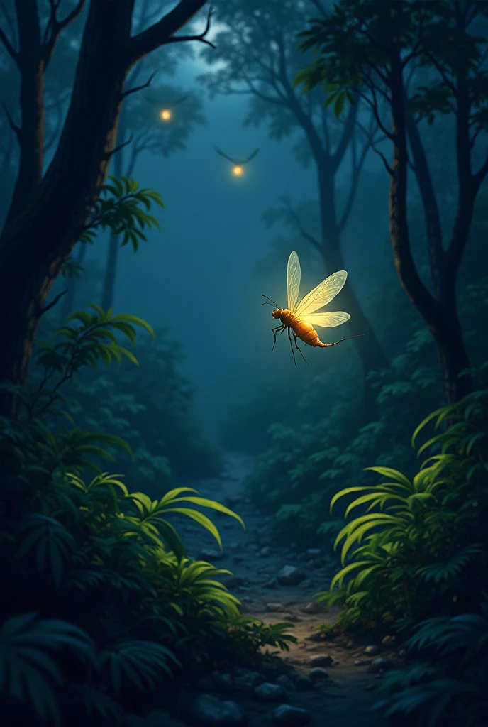 a firefly glowing at night in a forest