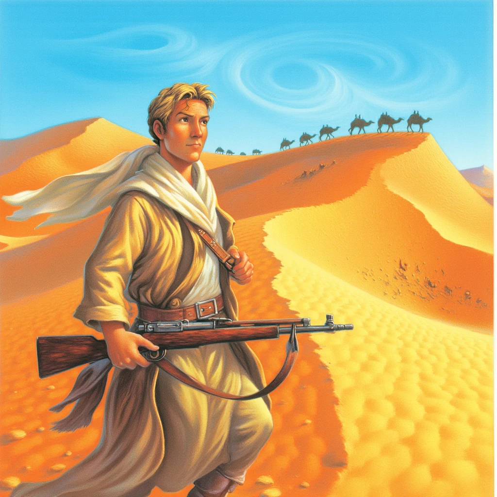 An illustration in the style of Mary GrandPré capturing a tense moment from White Sun of the Desert. A rugged man with a tanned face and short, sandy hair stands in a vast, sun-scorched desert, his expression calm but resolute. He wears a worn, light-colored uniform and a white scarf draped loosely around his neck, adding to the sense of practicality and endurance in the harsh environment. He holds a rifle with a steady, purposeful grip, embodying quiet strength. Behind him, rolling dunes stretch endlessly into the horizon, their golden hues contrasting with the deep blue of the cloudless sky. In the background, a small caravan of camels moves along the ridge, their silhouettes softened by the heatwaves rising from the sand. The flowing lines and painterly texture give the scene a sense of both harshness and beauty, capturing the isolation and quiet heroism of the figure’s journey.