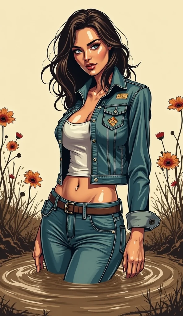 masterpiece, adult comics atmosphere, close-up, vintage glamour magazine setting,minimalistic illustration line-art, mud-covered tight vintage denim jeans  and skintight denim jacket, kinky pattern embroidery on bum, depraved 50-years-old woman drowning deep in mud, attention-grabbing, artistic posing, sensation, sexual tension, flowers