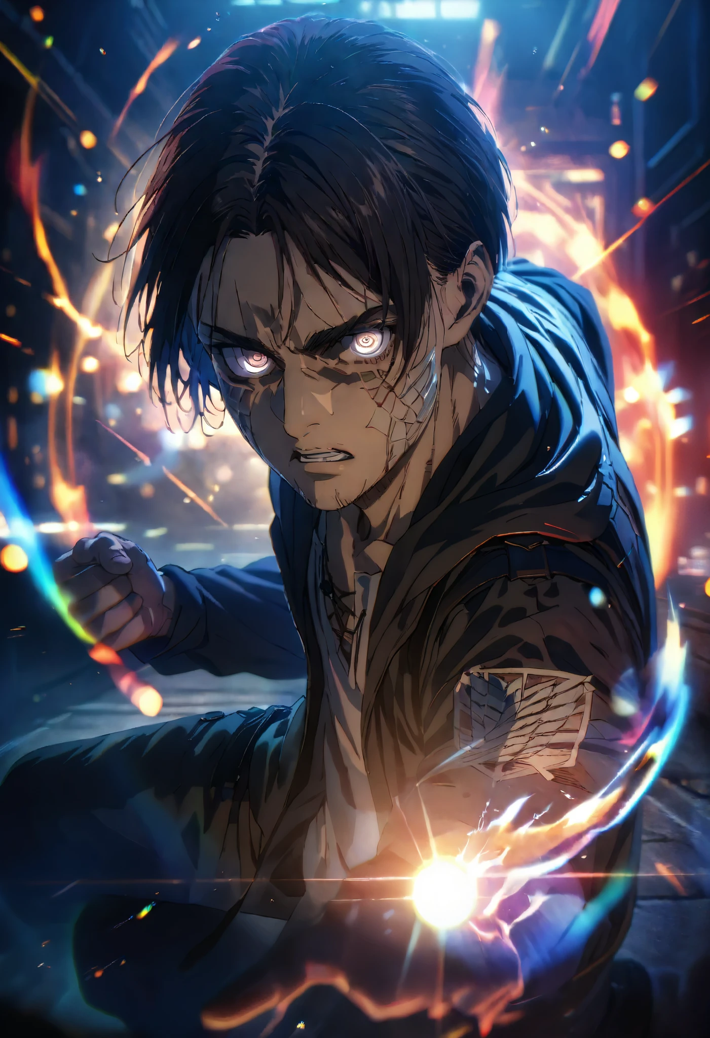 Upper half of the body, (Masterpiece, best quality: 1.2), Alone, adult male, Eren Yeager s4, Attack on Titan, looking at viewer, official art, extremely detailed CG unit, 8k wallpaper, perfect lighting, ( masterpiece: 1.0), (best quality: 1.0), ultra high resolution, 4k, ultra detailed, photography, 8k, HDR, high resolution, absurdities: 1.2, effect Bokeh: 1.2, lens flare, (vibrant color: 1.2), futuristic clothing, cyberpunk, full body, fighting pose