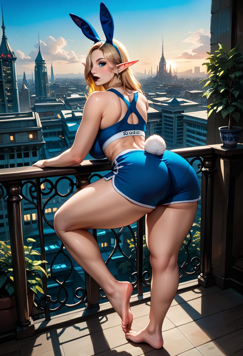 score_9, score_8_up, score_7_up, 1girl, Beautiful, Curvy, Tall, Mature, large Breasts: 1.3, (Elf Woman: 1.3), (Blue Bunny ears and White Tail: 1.3), (Standing, legs spread wide, bending over balcony, on a balcony, overlooking a neon lit city, at night in the dark: 1.3), (Thicc Thighs, Big butt: 1.3), (Long Blonde Hair over one eye: 1.3), Blue Eyes: 1.3, has shine, double eyelids, detailed irises, Tall, Curvy, Body, (Blue Sports Bra: 1.3), (Blue Booty_Shorts: 1.3), (Bare feet: 1.3), Black lipstick: 1.3, hyper detailed, 16k, light and shadow on skin, vivid colors, Lustful Expression, perfect lips, sexy mature face, lots of freckles, full voluptuous pouty lips, extreme blush, Looking at Viewer, eyes half open, (Lips parted: 1.3), (Close-up: 1.0), (Back: 1.3), extremely detailed, ray tracing, RTX, high saturation, high contrast, photon mapping, (sharp image), (best quality), (detailed background), (intricate details),