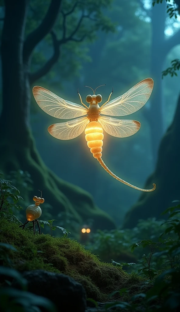 a 3d firefly glowing at night in a forest