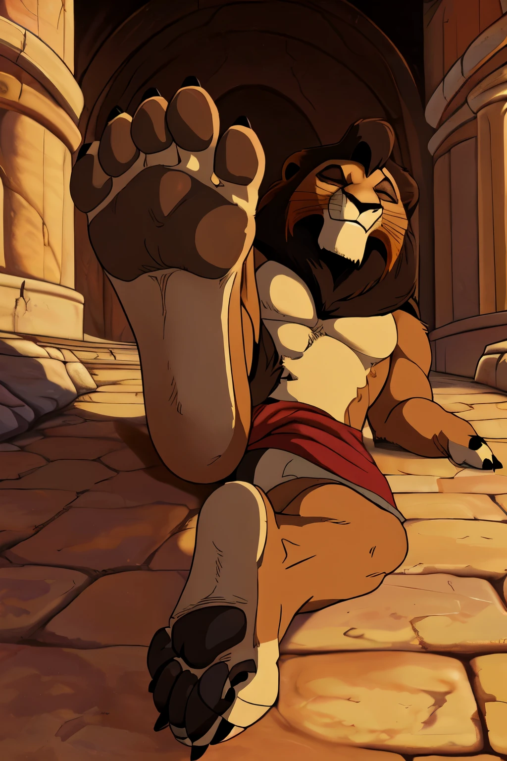 handsome, lion, kowu,(Lion king) scruffy fringe, wearing gladiator clothers ,eyes with a mischievous glint, brown eyes, average build, good eyes, warm lighting, 8k semi realistic small grin, foot paw (5 toes ) ((small claws on toes)) (sleeping))lying dead in the colosseum ((closed eyes)) ((tonque out of the mounth)) (feet soles showing)) ((lionmann)) ((feetsoles)) lying dead in the colosseum (defeat on the floor)) ((gladiator))lies lifeless on the ground, (paws up)) (feet up)) ((gladiator clother)) (roman empire)) (low angle) (paw focus)) (by SpiritD  ((black claws)) ((lion tail)
