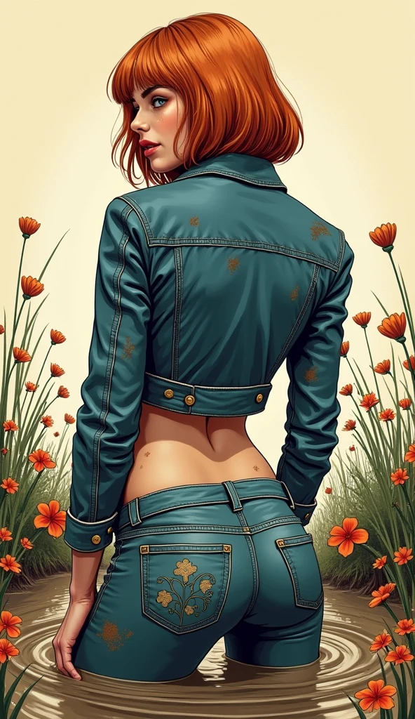 masterpiece, adult comics atmosphere, close-up, vintage glamour magazine setting,minimalistic illustration line-art, mud-covered tight vintage denim jeans  and skintight denim jacket, kinky pattern embroidery on bum, depraved 50-years-old woman drowning deep in mud, attention-grabbing, artistic posing, sensation, sexual tension, flowers, copper bob-cut