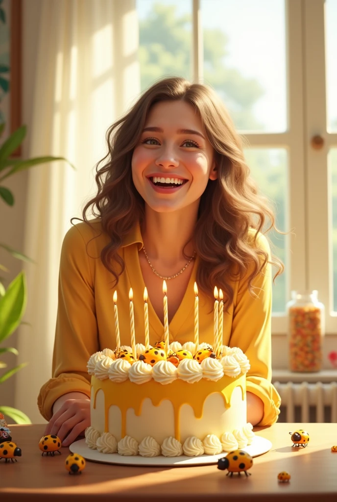  A 37-year-old American woman ,  smiling warmly and holding a cupcake with a burning candle . MEDIUM SHOT,  highlighting her expressive face and gentle gesture .  Seen from the chest up , with soft wavy brown hair with some gray highlights that frame her face.  She has fair skin and bright blue eyes that change color in light . You can see freckles on her cheeks .  Light blue shirt in pastel tones and light brown vest .  The light cupcake has blue icing and a candle with a warm, flickering flame.