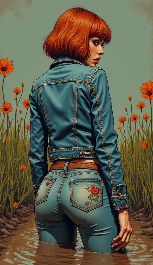 masterpiece, adult comics atmosphere, close-up, vintage glamour magazine setting,minimalistic illustration line-art, mud-covered tight vintage denim jeans  and skintight denim jacket, kinky pattern embroidery on bum, depraved 50-years-old woman drowning deep in mud, attention-grabbing, artistic posing, sensation, sexual tension, flowers, copper bob-cut