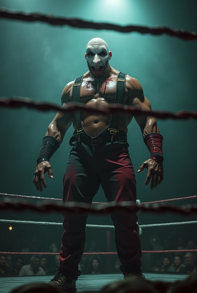 Images of a fit person in a straitjacket, chained, and wearing a muzzle, performing poses with nuclear liquids.