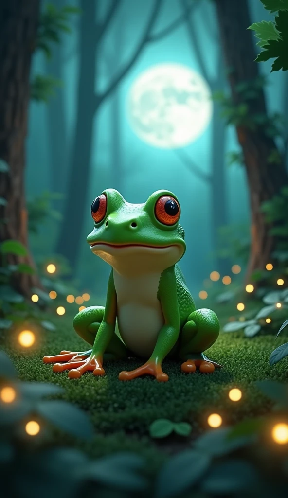 a 3d frog with green skin, the night in a forest under the moonlight and glowing fireflies