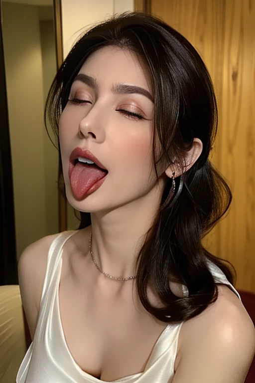 (Penis between breasts:1.5), (Semen covered breasts:1.5), (Frightened expression:1.5), (Staring at me with tongue out:1.5), (A look of contempt:1.5), Luxury hotel interior, Browsing Caution, masterpiece, Highest quality, Accurate, 超High resolution, retina, Very detailed, Awards, High resolution, Anatomically correct, (Realistic:1.4), RAW Photos, (Soft Saturation:1.3), (Fair skin:1.2), 8k, 1 person, Mature adult woman, Beautiful evil, Evil and nasty sexy women, (Perfectly beautiful woman, A perfectly beautiful face, Perfectly beautiful eyes, perfectly beautiful nose, perfectly beautiful nose孔, perfectly beautiful lips), (Chestnut-colored hair tied on top of the head), (Compensate:1.3), (Eye Reflexes:1.3, Solid Circle Eye, Ring-shaped eyes, Sparkling eyes:1.2, Long eyelashes:0.7, Amber Eyes), (Crystal Earrings, Shiny gold necklace), (Captivating smile:1.4, Cruel smile:1.4), (dark red lips:1.3, Glossy Lips:1.5,Lip reflection:1.5), (clavicle, Cleavage, Huge saggy breasts, Silk dress:1.5), (Detailed texture of wrinkles on clothing:1.3), Looking at the audience, throw, Bukkake