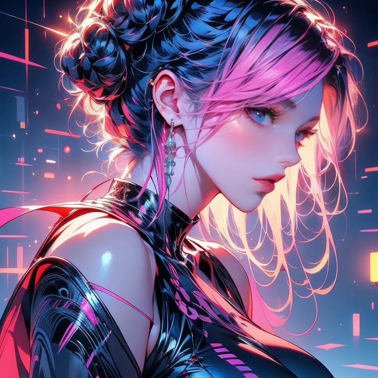 glowart: 1.0), (bright, sketch, drawing: 1.0), 1girl, bangs, red eyes bright relucent light in hair, blush, collarbone, hair between eyes, long hair, looking at viewer, bra, open mouth, pink hair, portrait, shiny, shiny hair, side ponytail, solo, wet, wet hair