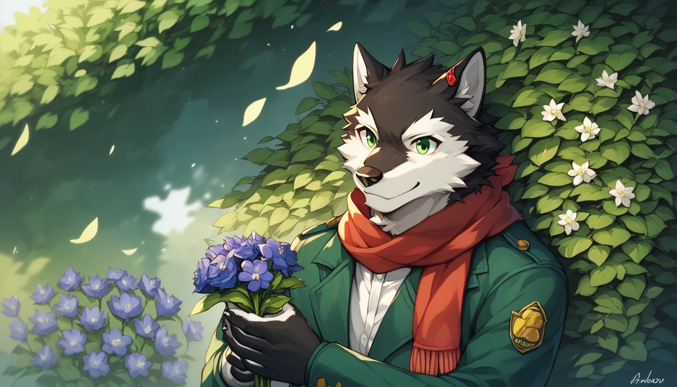 flower,holding flowers,solo,scarf,black fur,white fur,GREEN EYES,WOLF,FURRY,ANTHRO,Hash,AIR,Rouon Aro