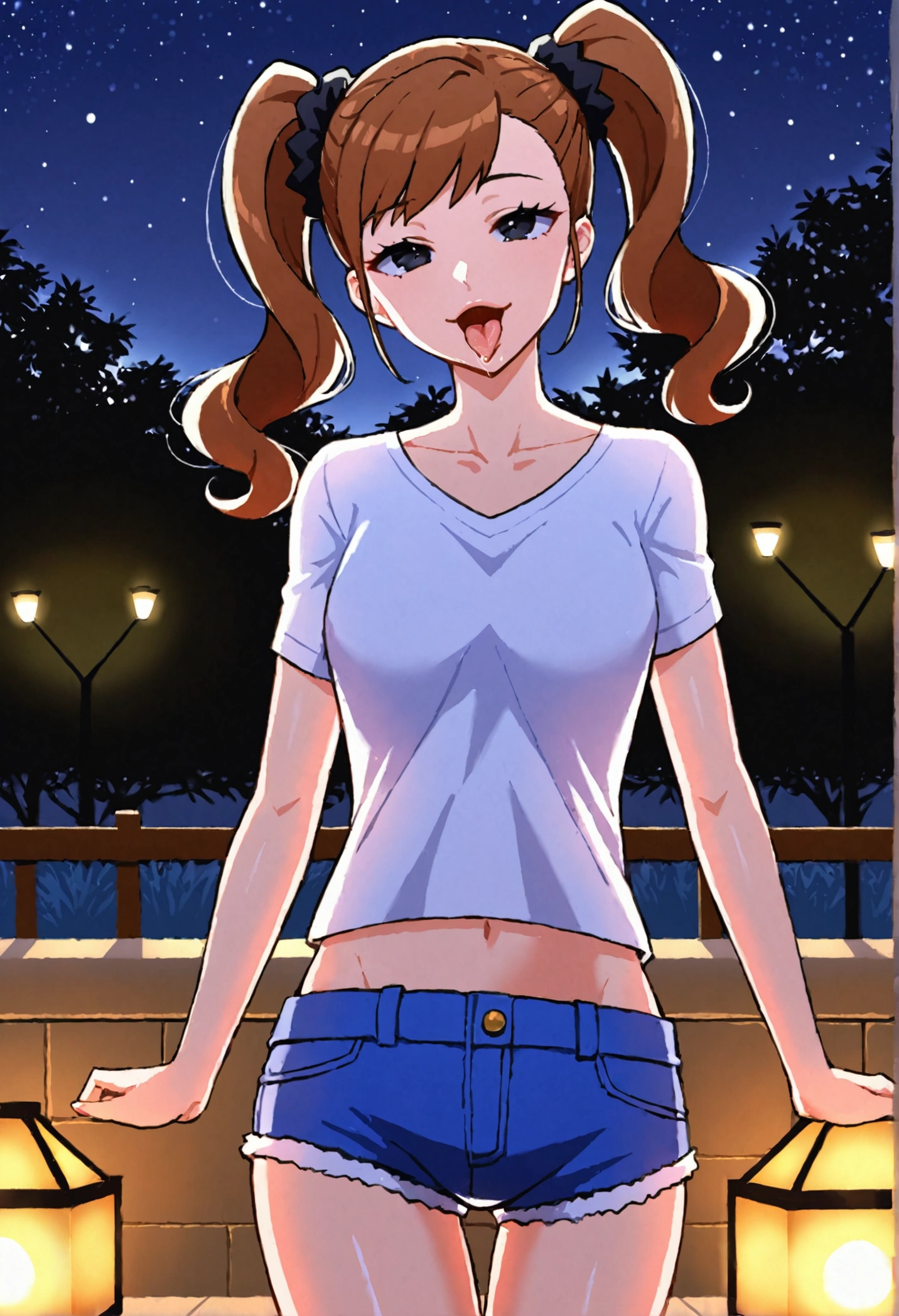 Anime style, source_anime, bright and vibrant colors, studio lighting, romantic expressionmasterpiece, best quality, 1girl, ((T-shirt, mini-shorts)), brown hair, twintails, black eyes, hair scrunchie, looking at viewer, sexy lips, smile sexy, topless, ((ahegao face)), luxury resort terrace, outdoor, night, from back, masterpiece, best quality, highly detailed, volumetric lighting