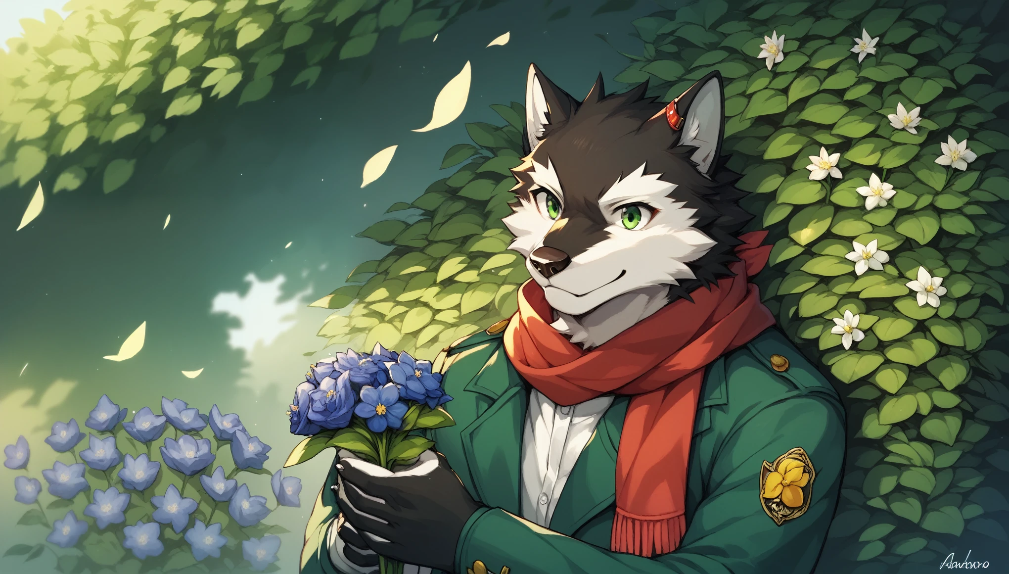 flower,holding flowers,solo,scarf,black fur,white fur,GREEN EYES,WOLF,FURRY,ANTHRO,Hash,AIR,Rouon Aro