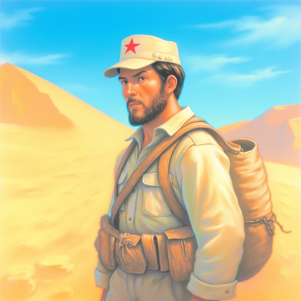 An illustration in the style of Mary GrandPré featuring a rugged man standing in the desert, his face weathered and strong, with a short, neatly trimmed beard and stubble. He wears a white military cap adorned with a red star, the brim slightly shadowing his determined gaze. His light-colored uniform is dusted from the harsh desert environment, and a rough fabric sack is slung over one shoulder. The soft, flowing lines of the illustration highlight the golden hues of the desert dunes behind him, contrasting with the vivid blue sky above. The composition conveys both resilience and quiet strength, capturing the stark beauty of the scene and the determination in the man’s expression.