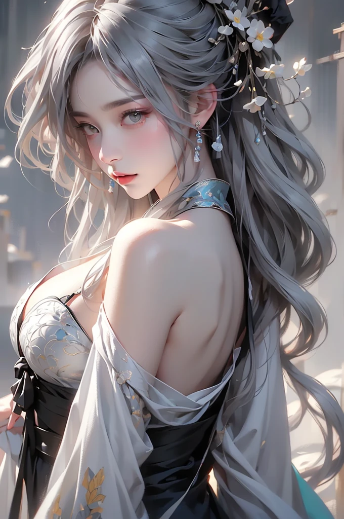 super high quality, masterpiece, Perfect illustration, Very detailed (Exquisite light and shadow, Very dramatic photo,Backlight) , ((Gray Hair:1.5))1 Girl,(( alone:1.6)), (Wearing Han clothes, Black and white Hanfu,Monotony,Long sleeve) Flower Field, Flowers, (White smoke:1.3) (Realistic:1.4), Zen Intertwining, Tangled, Official Art, unity 8k wallpaper, Very detailed, Beautiful and beautiful, masterpiece, Highest quality, (Dynamic Angle: 1.4), Glowing Skin, (Floating colorful flashes: 1) The most beautiful chaotic shapes, elegant, Brutalist Design, Bright colors, Romantic Depth of Field Exotic_dance, half_naked、（Separate sleeves:1.4, Expose your shoulders、large breasts、Beautiful cleavage）（side view）
