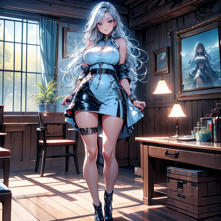 Body position: Standing, straight, symmetrical, barefoot, Lustful smile on face with red blush,
