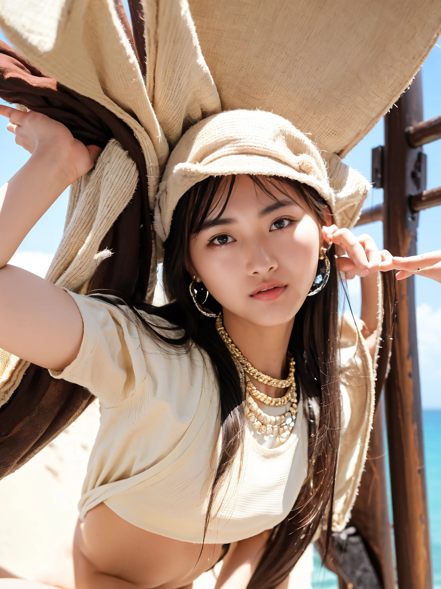 nsfw:1.2, from below:1.4,front focus:1.5,(8k RAW photo,Live Shooting, best quality, masterpiece:1.37), Extreme light and shadow, full body shot :1.5, Detailed clavicle, thin due to small things necklace, earrings for a woman alone,(( 1 girl)), Japanese idol,(Alone), 3d,(( camera )), perfect anatomy,break(( review),(Brown brown long hair )),bangs:1.4,(( Brown Eyes )),(Grin:0.5), ( happy :0.9),Big Breasts, clevis, underbust :1.6,( thin due to small things necklace, earrings for a woman alone),break,( Completely naked),Majora:1.2, camel toe :1.4,break(Sit-in, spreads legs),break (Bali Beach, the shining sun , Blue Sea, Baiyun)